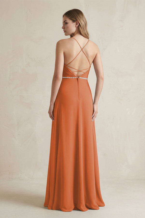 Chiffon A - Line Ruched Cami Strap Bridesmaid Dress in Terracotta - SHE IS ME Bridesmaid Dresses