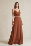 Chiffon A-Line Ruched Cami Strap Bridesmaid Dress  in Terracotta | KISSBRIDAL