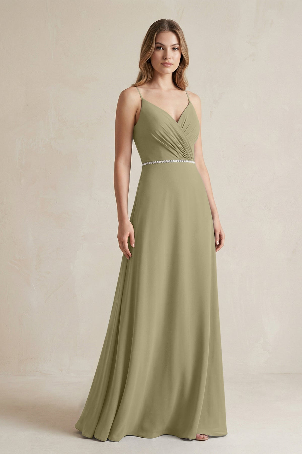 Chiffon A - Line Ruched Cami Strap Bridesmaid Dress in Thyme - KISS BRIDAL Bridesmaid Dresses