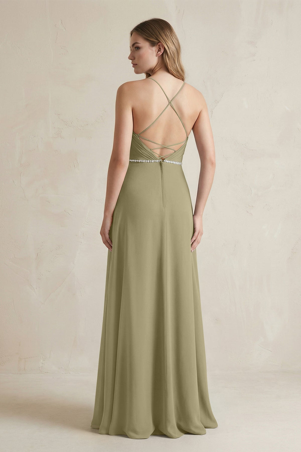 Chiffon A - Line Ruched Cami Strap Bridesmaid Dress in Thyme - KISS BRIDAL Bridesmaid Dresses