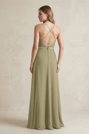 Chiffon A - Line Ruched Cami Strap Bridesmaid Dress in Thyme - SHE IS ME Bridesmaid Dresses