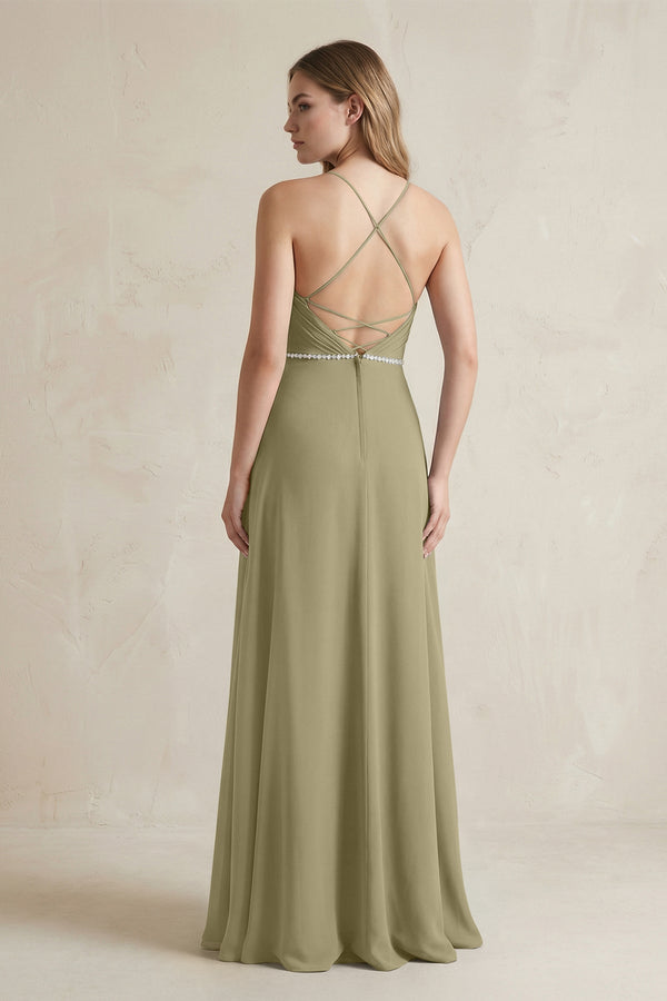 Chiffon A - Line Ruched Cami Strap Bridesmaid Dress in Thyme - SHE IS ME Bridesmaid Dresses