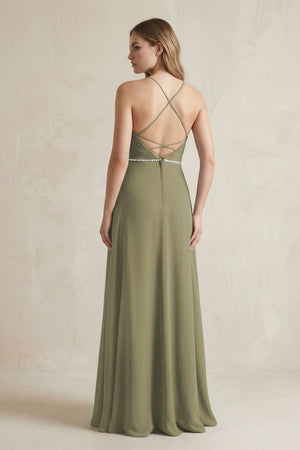 Chiffon A-Line Ruched Cami Strap Bridesmaid Dress  in Thyme (2) | KISSBRIDAL