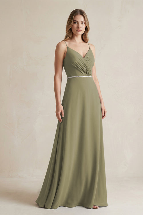 Chiffon A-Line Ruched Cami Strap Bridesmaid Dress  in Thyme | KISSBRIDAL