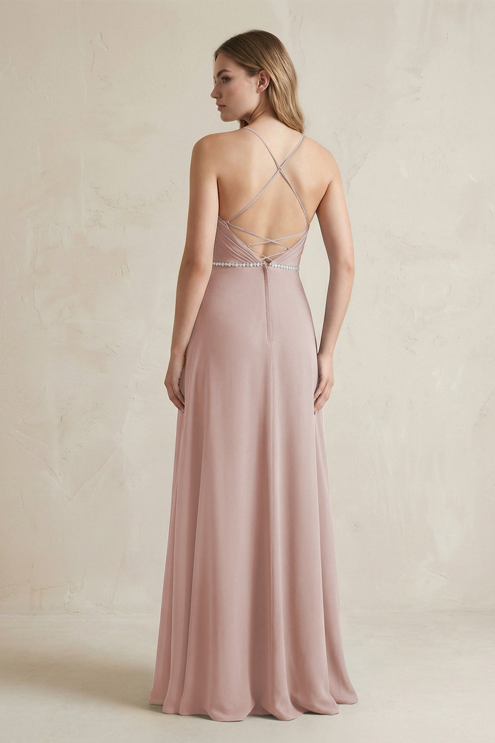 Chiffon A - Line Ruched Cami Strap Bridesmaid Dress in Toffee - KISS BRIDAL Bridesmaid Dresses