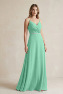 Chiffon A - Line Ruched Cami Strap Bridesmaid Dress in Turquoise - SHE IS ME Bridesmaid Dresses
