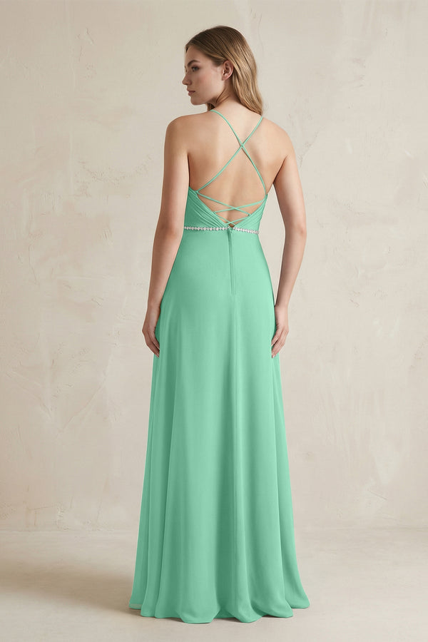 Chiffon A - Line Ruched Cami Strap Bridesmaid Dress in Turquoise - SHE IS ME Bridesmaid Dresses