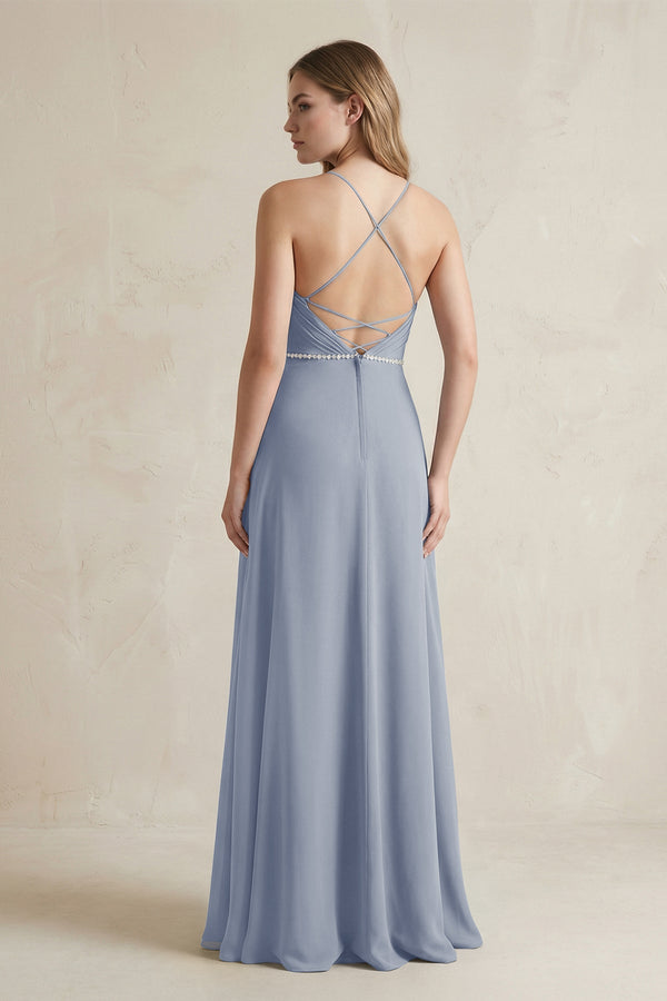 Chiffon A - Line Ruched Cami Strap Bridesmaid Dress in Twilight - SHE IS ME Bridesmaid Dresses