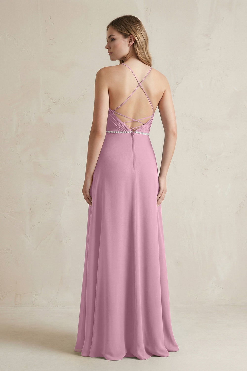 Chiffon A - Line Ruched Cami Strap Bridesmaid Dress in Vintage Mauve - KISS BRIDAL Bridesmaid Dresses