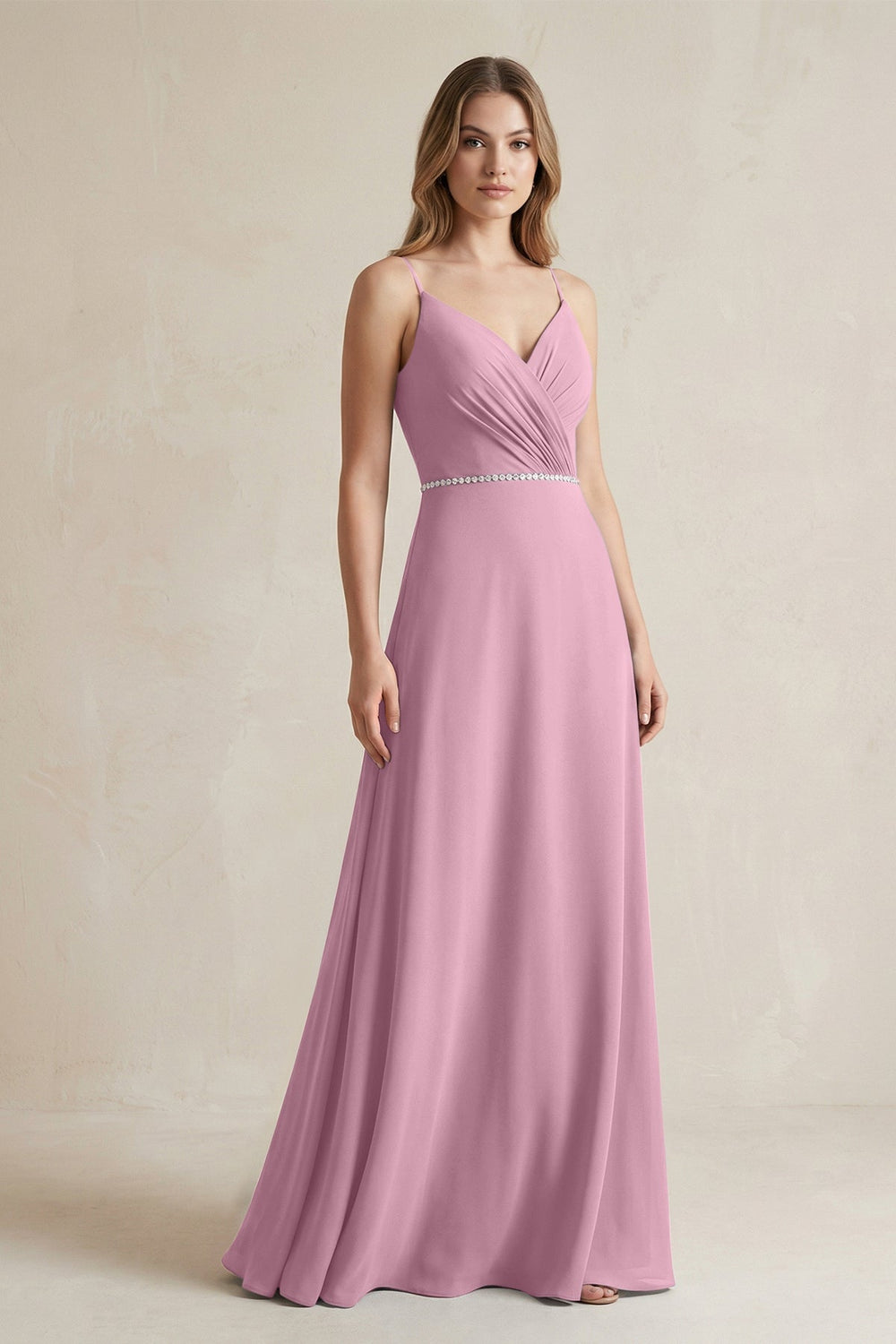 Chiffon A - Line Ruched Cami Strap Bridesmaid Dress in Vintage Mauve - KISS BRIDAL Bridesmaid Dresses