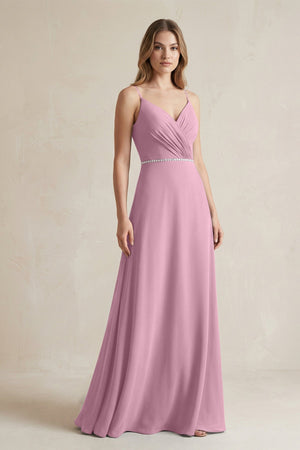 Chiffon A - Line Ruched Cami Strap Bridesmaid Dress in Vintage Mauve - SHE IS ME Bridesmaid Dresses