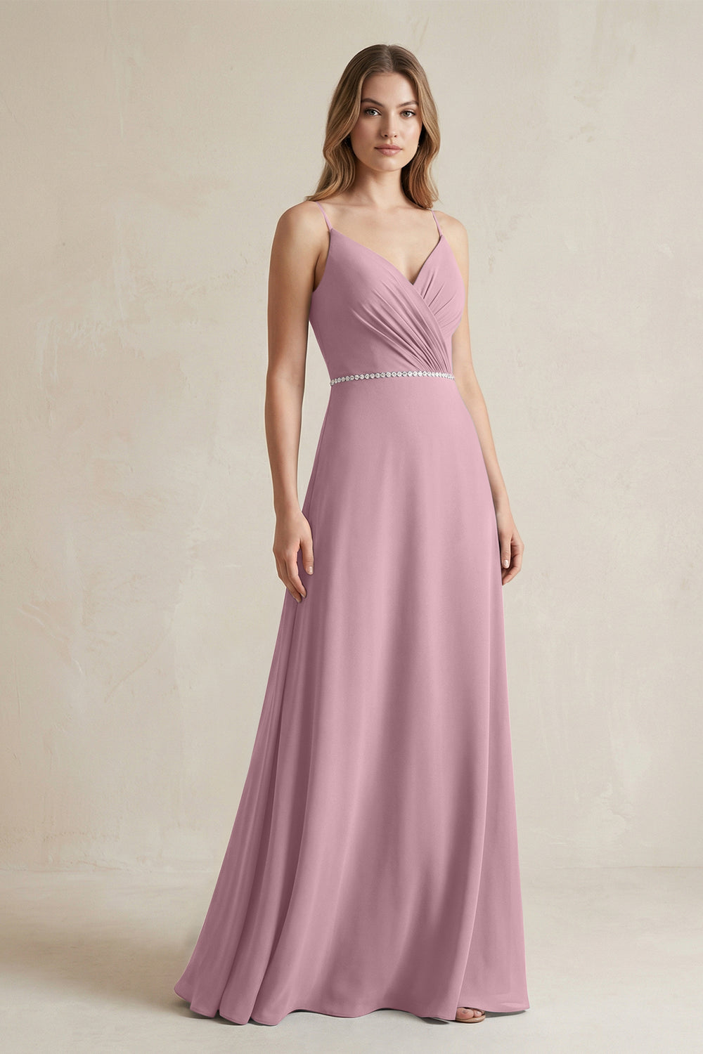 Chiffon A-Line Ruched Cami Strap Bridesmaid Dress  in Vintage Mauve