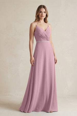 Chiffon A-Line Ruched Cami Strap Bridesmaid Dress  in Vintage Mauve | KISSBRIDAL