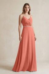 Chiffon A - Line Ruched Cami Strap Bridesmaid Dress in Wild Rose - KISS BRIDAL Bridesmaid Dresses