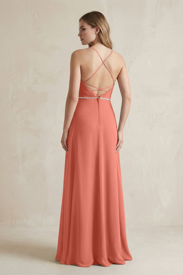 Chiffon A - Line Ruched Cami Strap Bridesmaid Dress in Wild Rose - SHE IS ME Bridesmaid Dresses