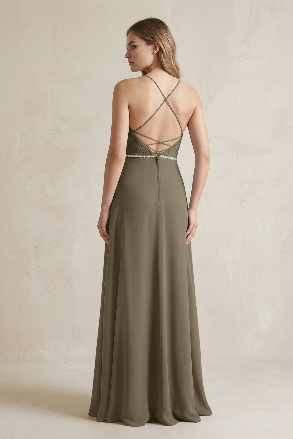 Chiffon A - Line Ruched Cami Strap Bridesmaid Dress in Willow Green - KISS BRIDAL Bridesmaid Dresses