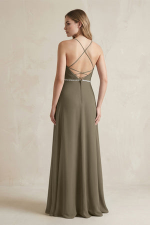 Chiffon A - Line Ruched Cami Strap Bridesmaid Dress in Willow Green - SHE IS ME Bridesmaid Dresses