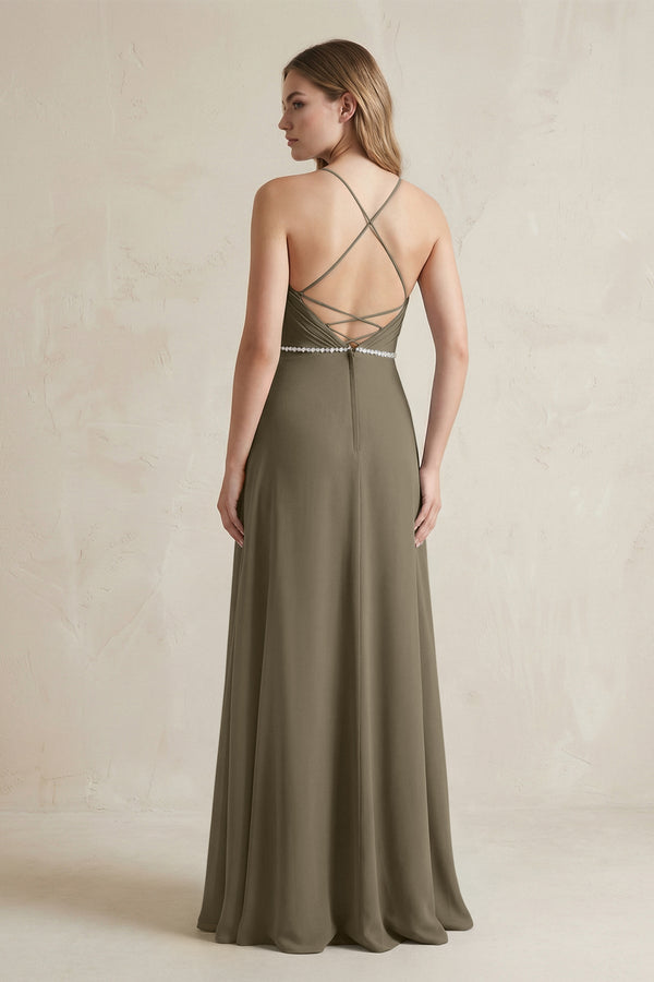Chiffon A - Line Ruched Cami Strap Bridesmaid Dress in Willow Green - SHE IS ME Bridesmaid Dresses