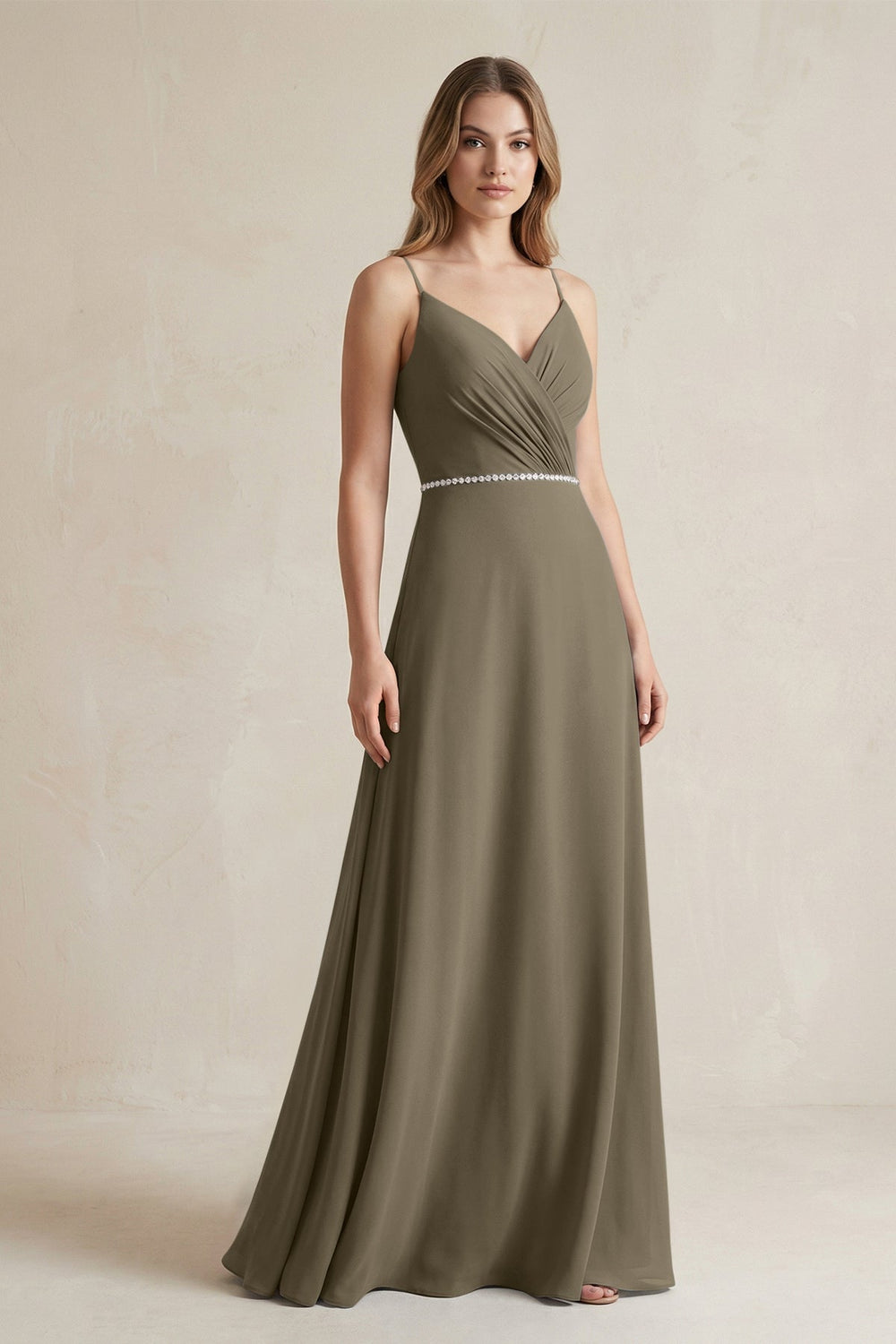 Chiffon A - Line Ruched Cami Strap Bridesmaid Dress in Willow Green - KISS BRIDAL Bridesmaid Dresses