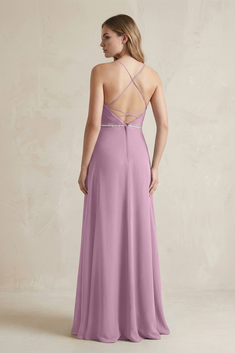 Chiffon A - Line Ruched Cami Strap Bridesmaid Dress in Wisteria - KISS BRIDAL Bridesmaid Dresses