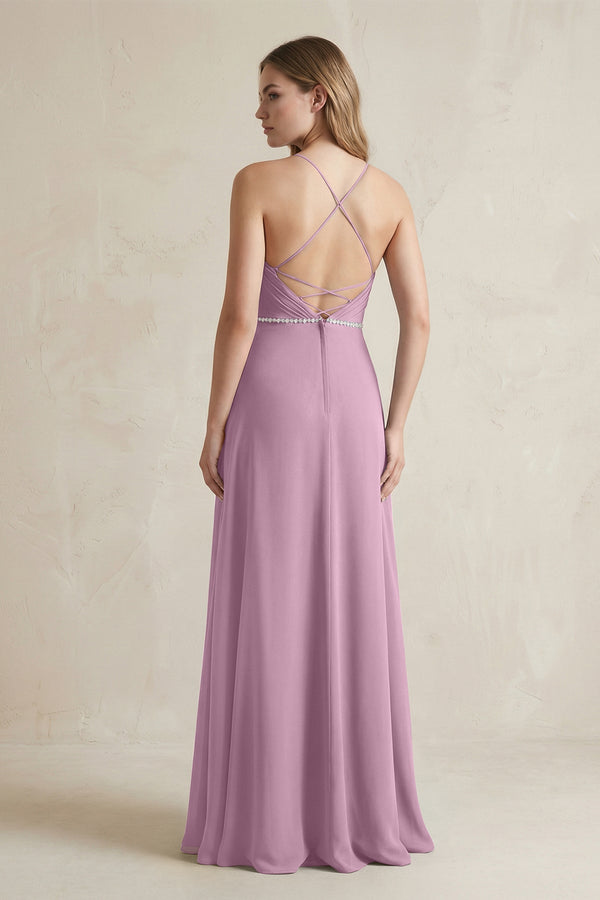Chiffon A - Line Ruched Cami Strap Bridesmaid Dress in Wisteria - SHE IS ME Bridesmaid Dresses