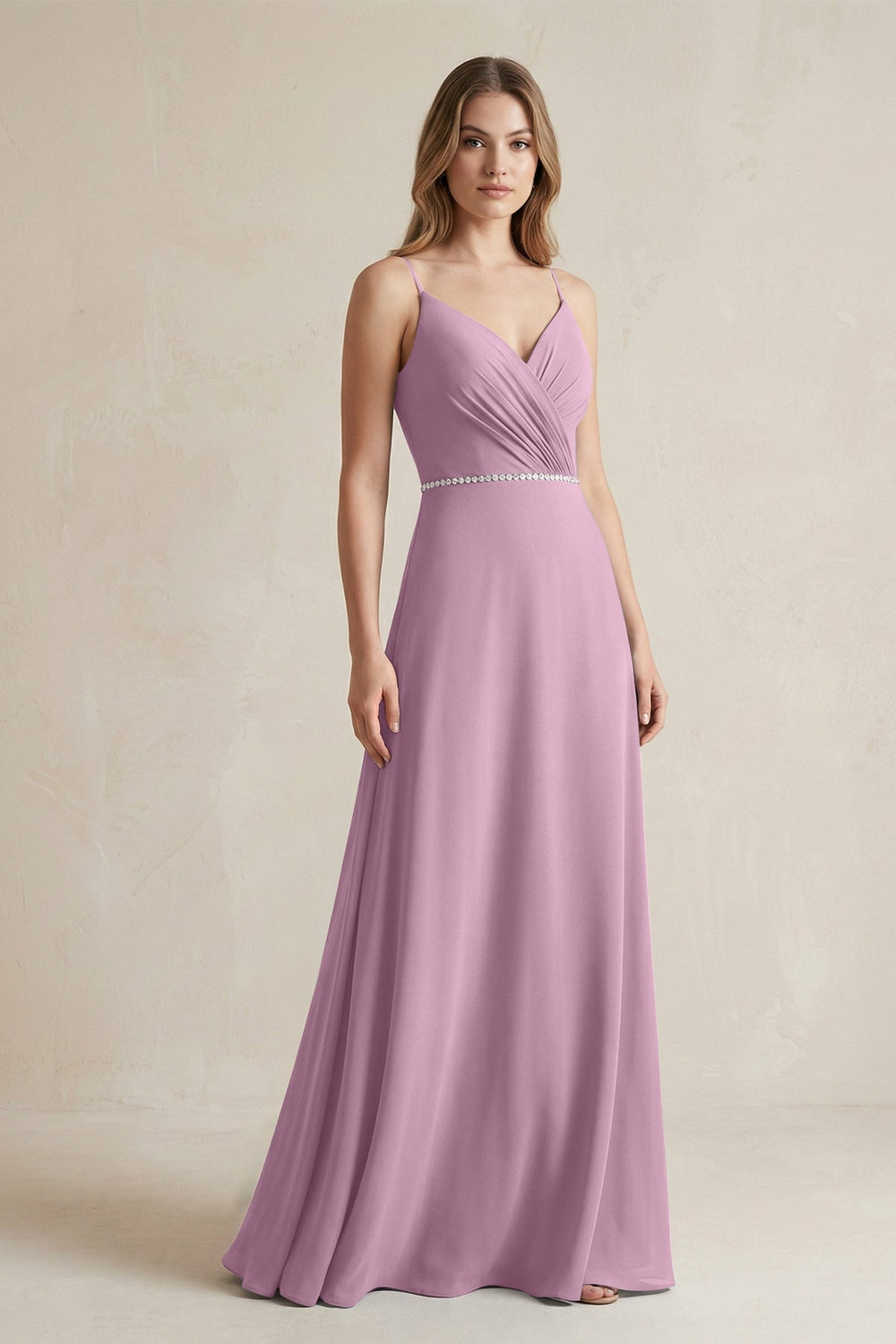 Chiffon A - Line Ruched Cami Strap Bridesmaid Dress in Wisteria - KISS BRIDAL Bridesmaid Dresses
