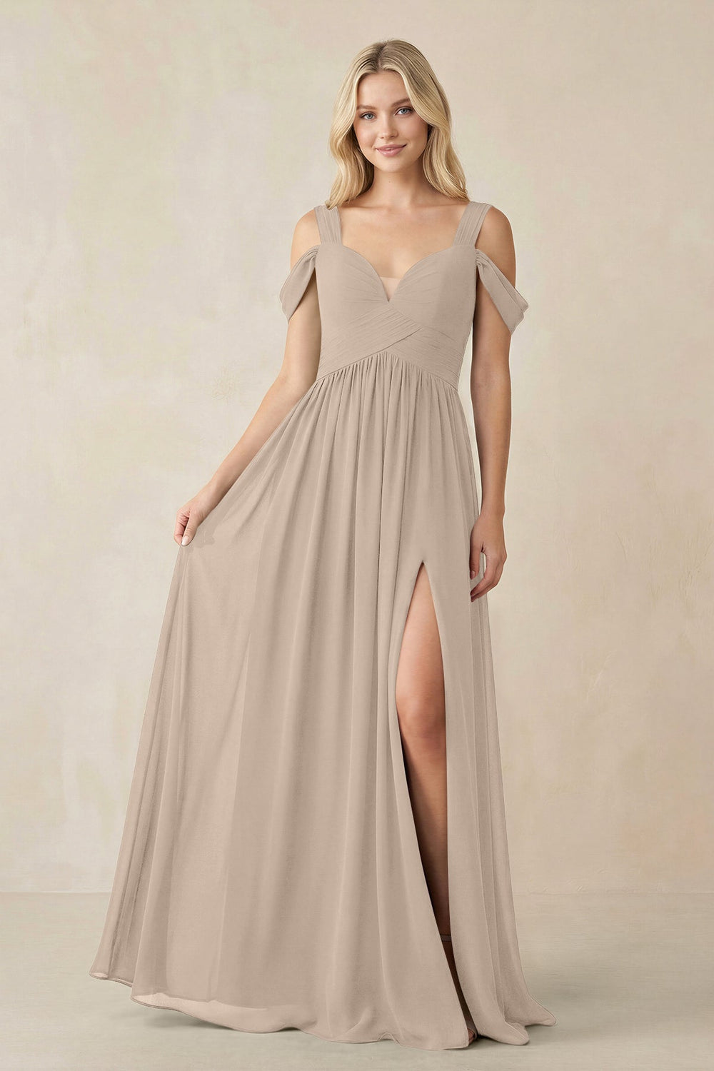 Chiffon A-Line Bridesmaid Dress with Slit  in Almond - KISS BRIDAL BRIDESMAID DRESSES