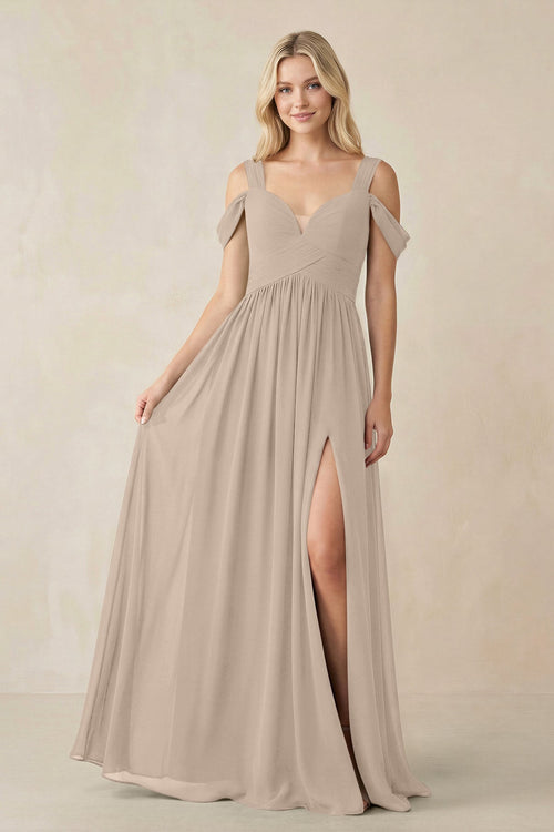 Chiffon A-Line Bridesmaid Dress with Slit  in Almond - SHE IS ME BRIDESMAID DRESSES