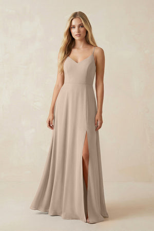 Cami Strap A-Line Chiffon Bridesmaid Dress with Slit in Almond - SHE IS ME BRIDESMAID DRESSES