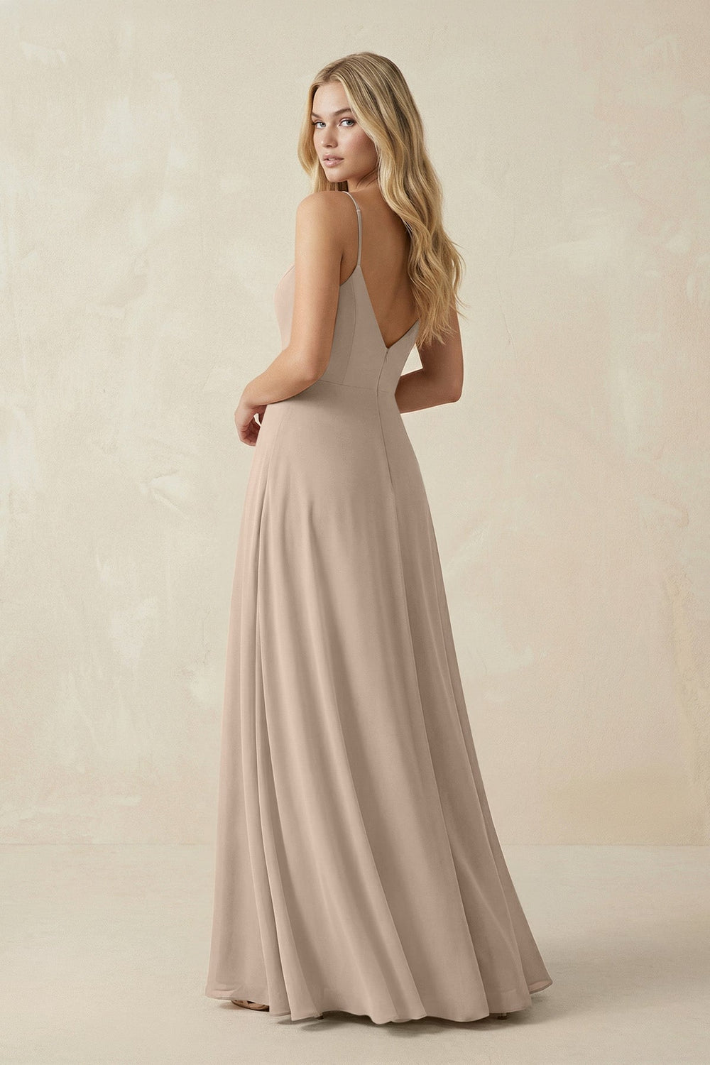 Cami Strap A-Line Chiffon Bridesmaid Dress with Slit in Almond - KISS BRIDAL BRIDESMAID DRESSES