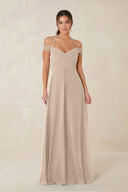 A-Line Off-the-Shoulder Chiffon Bridesmaid Dress in Almond - KISS BRIDAL BRIDESMAID DRESSES