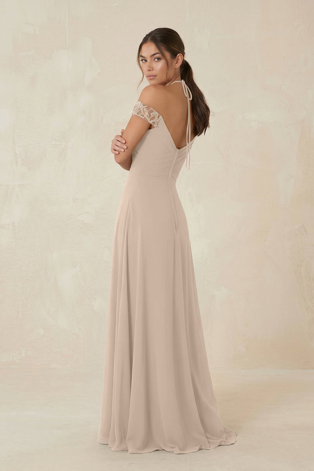 A-Line Off-the-Shoulder Chiffon Bridesmaid Dress in Almond - KISS BRIDAL BRIDESMAID DRESSES
