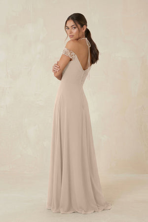 A-Line Off-the-Shoulder Chiffon Bridesmaid Dress in Almond - KISS BRIDAL BRIDESMAID DRESSES