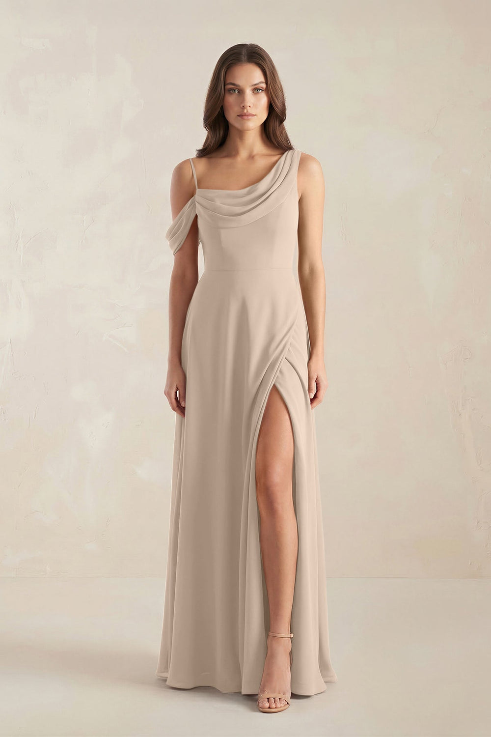 One-Shoulder Chiffon A-Line Bridesmaid Dress in Almond - KISS BRIDAL BRIDESMAID DRESSES