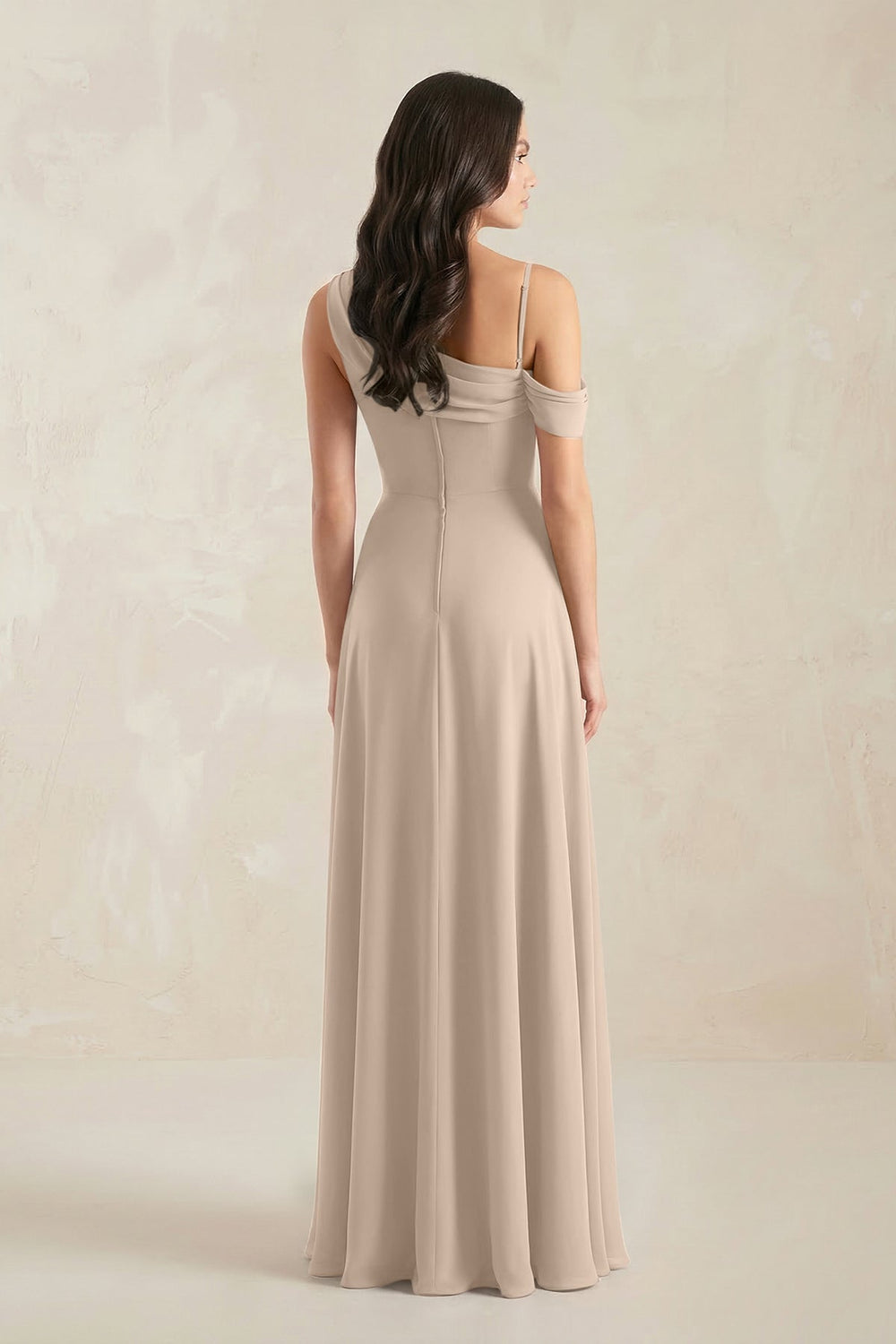 One-Shoulder Chiffon A-Line Bridesmaid Dress in Almond - KISS BRIDAL BRIDESMAID DRESSES