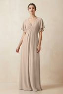 Short Sleeve V-Neck Chiffon A-Line Bridesmaid Dress in Almond - SHE IS ME BRIDESMAID DRESSES