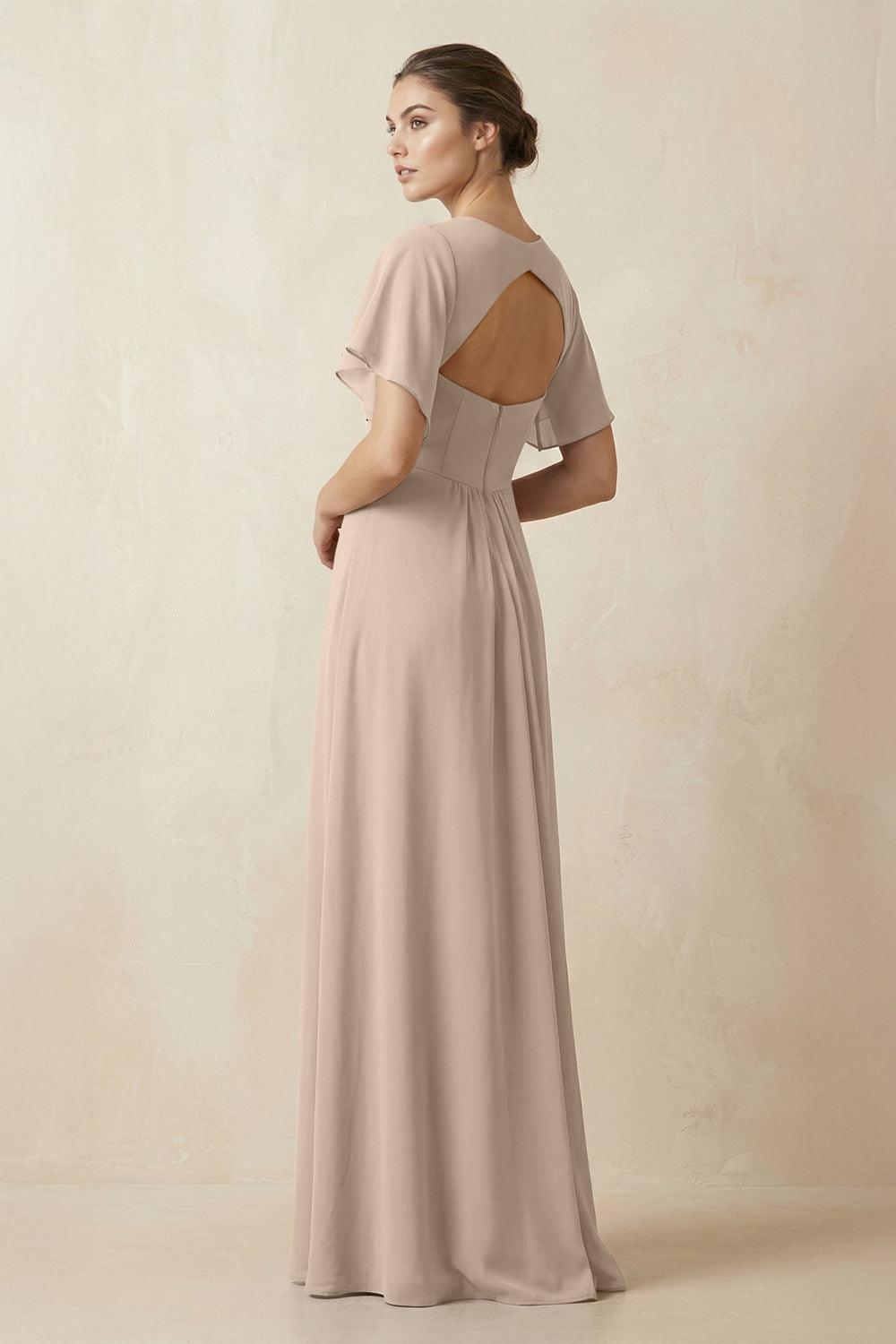 Short Sleeve V-Neck Chiffon A-Line Bridesmaid Dress in Almond - KISS BRIDAL BRIDESMAID DRESSES