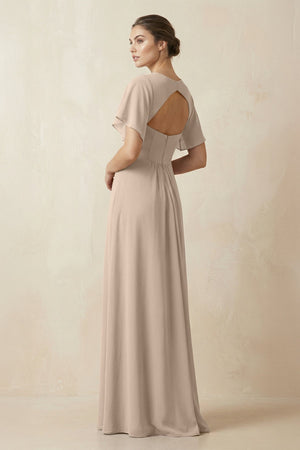 Short Sleeve V-Neck Chiffon A-Line Bridesmaid Dress in Almond - SHE IS ME BRIDESMAID DRESSES