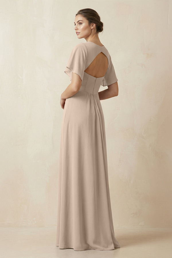 Short Sleeve V-Neck Chiffon A-Line Bridesmaid Dress in Almond - SHE IS ME BRIDESMAID DRESSES