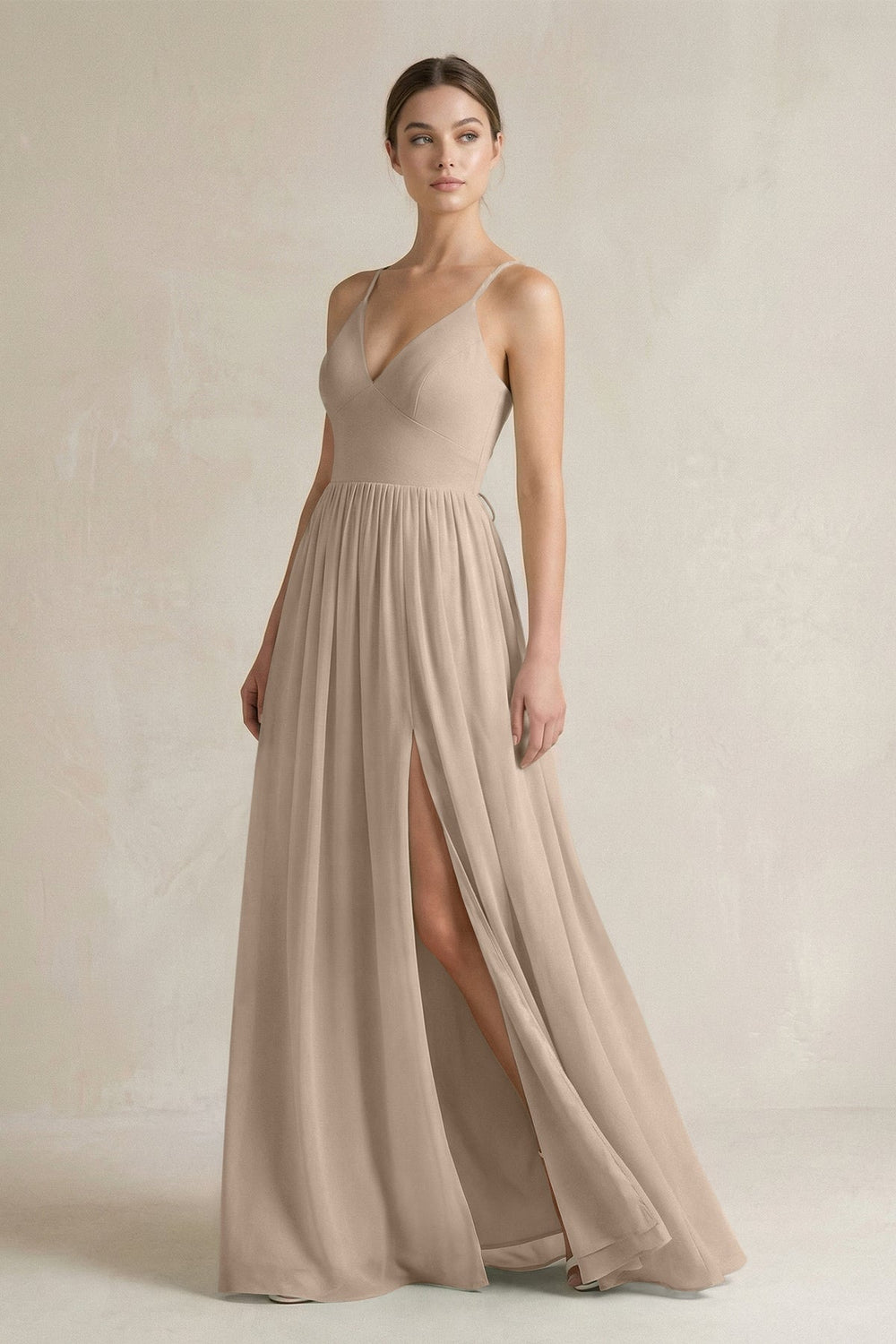 A-Line Spaghetti Strap Chiffon Bridesmaid Dress in Almond - SHE IS ME BRIDESMAID DRESSES