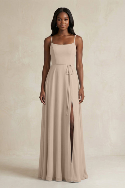 A-Line Spaghetti Straps Chiffon Bridesmaid Dress in Almond - SHE IS ME BRIDESMAID DRESSES