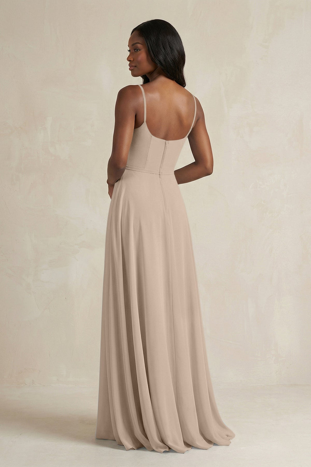 A-Line Spaghetti Straps Chiffon Bridesmaid Dress in Almond - KISS BRIDAL BRIDESMAID DRESSES
