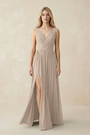 V-Neck Chiffon Pleated A-Line Bridesmaid Dress in Almond - SHE IS ME BRIDESMAID DRESSES