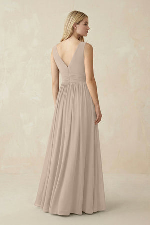 V-Neck Chiffon Pleated A-Line Bridesmaid Dress in Almond - SHE IS ME BRIDESMAID DRESSES