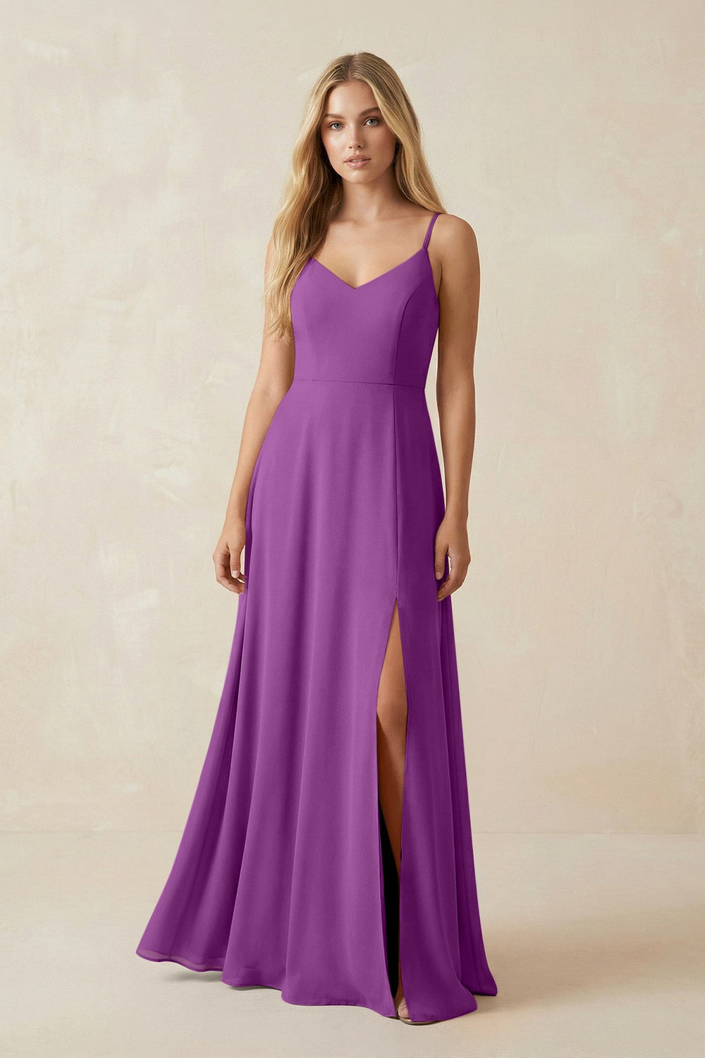 Cami Strap A-Line Chiffon Bridesmaid Dress with Slit in Amethyst - KISS BRIDAL BRIDESMAID DRESSES