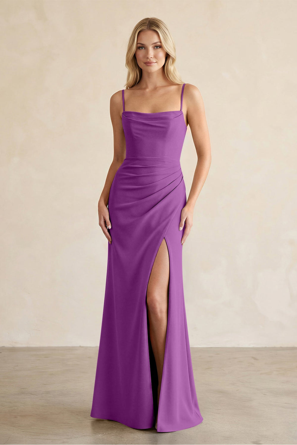 Cami Strap Chiffon Sheath Bridesmaid Dress with Slit in Amethyst - KISS BRIDAL BRIDESMAID DRESSES