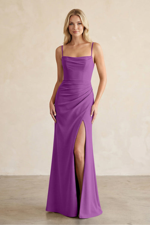 Cami Strap Chiffon Sheath Bridesmaid Dress with Slit in Amethyst - SHE IS ME BRIDESMAID DRESSES
