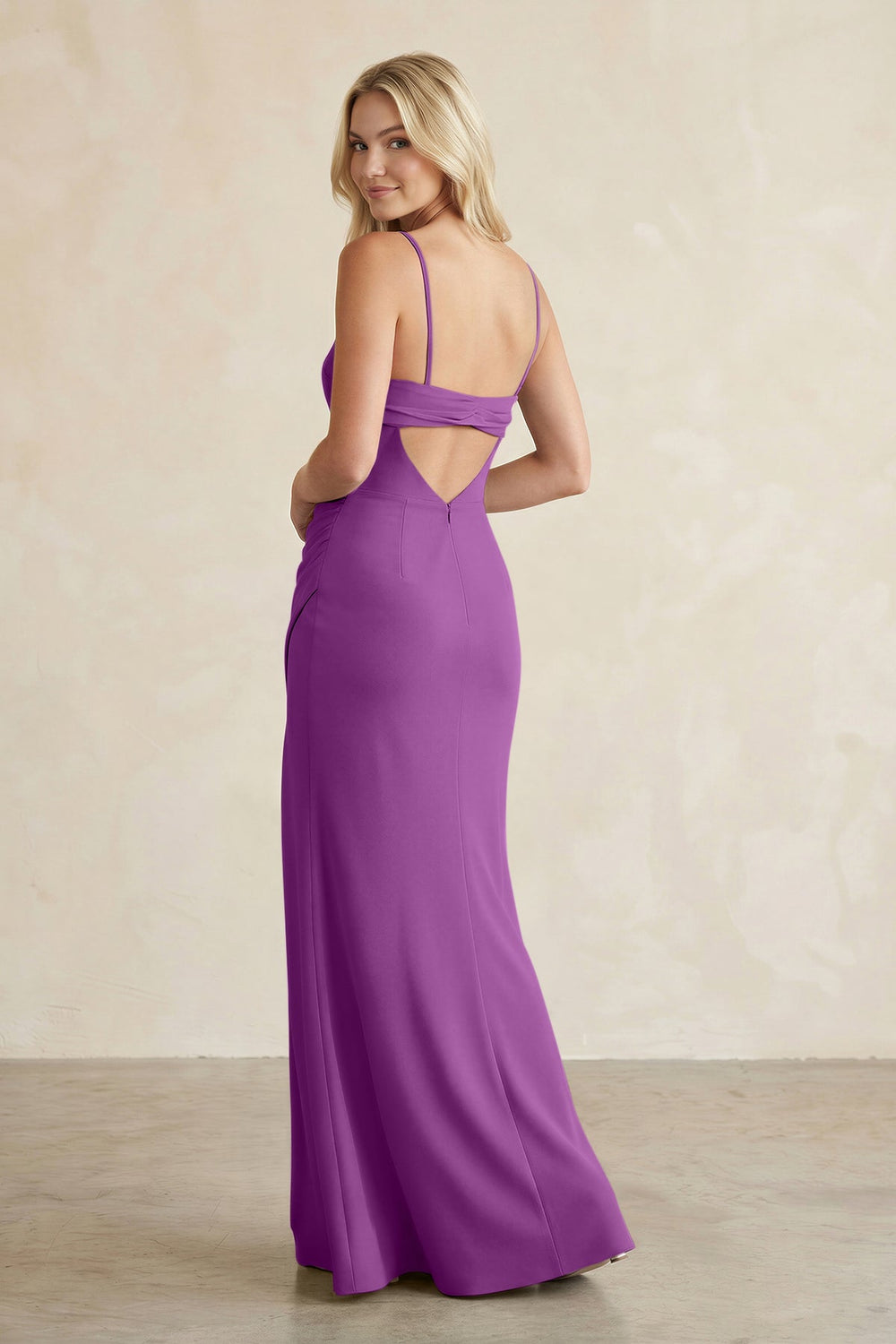 Cami Strap Chiffon Sheath Bridesmaid Dress with Slit in Amethyst - KISS BRIDAL BRIDESMAID DRESSES