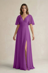 Flutter Sleeve V-Neck A-Line Chiffon Bridesmaid Dress in Amethyst