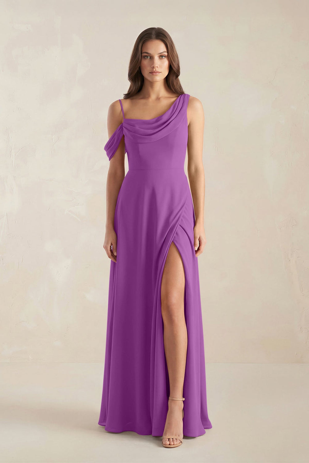 One-Shoulder Chiffon A-Line Bridesmaid Dress in Amethyst - KISS BRIDAL BRIDESMAID DRESSES